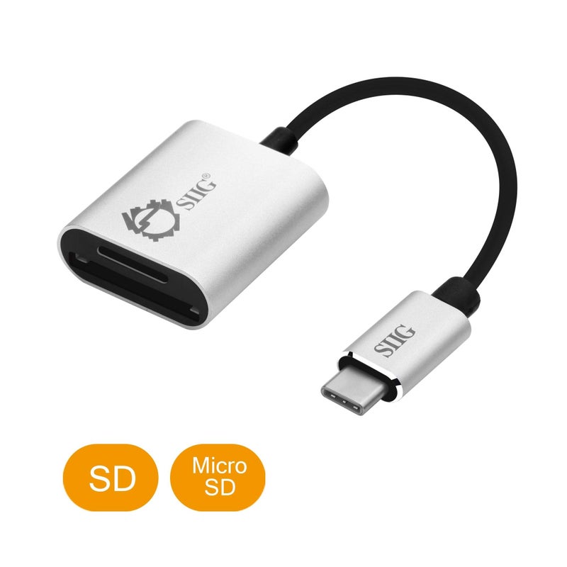 SIIG USB Type C 2-in-1 Card Reader for SD & Micro SD - Compact Aluminum Case - 5Gbps Data Transfer Rate - for MacBook Pro, Chromebook Pixel/Pixelbook, Samsung Galaxy S8, Other USB C Devices - Silver - Image 2